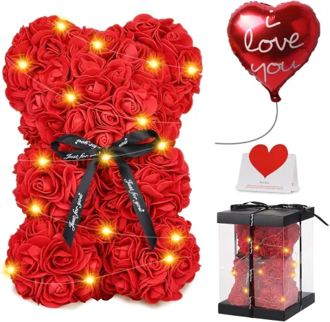 Orsetto di Rose Rosa Regalo Natale Donna Scatola Regalo Luci LED Biglietto d'Amore