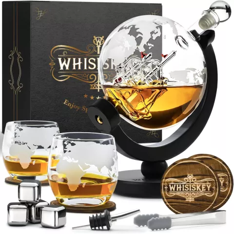 Set Regalo Whisky Globe - Caraffa, Bicchieri, Pietre, Scatola Regalo, Compleanno Uomo